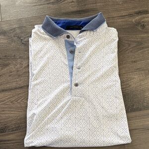 Greyson White Polo with Navy Dotted Collar & Light Blue Placket NWOT